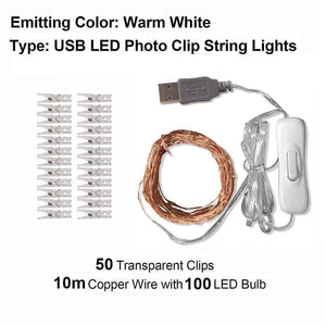 2M/5M/10M Photo Clip USB LED String Lights Fairy Lights Outdoor Battery Operated Garland Christmas Decoration Party Wedding Xmas