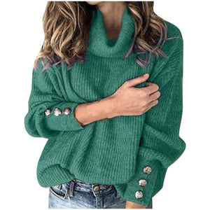 Casual Turtleneck Warm Knitted Sweater Autumn Winter Long Sleeve Pullover Tops Elegant Women Rivet Button Jumper Pull Femme 5XL
