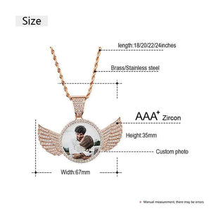 Luxury Custom Made Photo With Crystal Angel Wings Pendants Necklaces 3 Colors Gold Cubic Zircon Men's Hip Hop Jewelry With Box