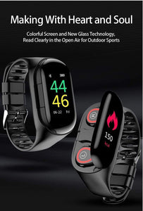 Oiko Store  2019 Bluetooth TWS Earbuds With Blood Pressure Heart Rate Monitoring Smart Watch Sports Wristband Earphone For Android IOS