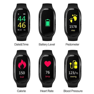 Oiko Store  2019 Bluetooth TWS Earbuds With Blood Pressure Heart Rate Monitoring Smart Watch Sports Wristband Earphone For Android IOS