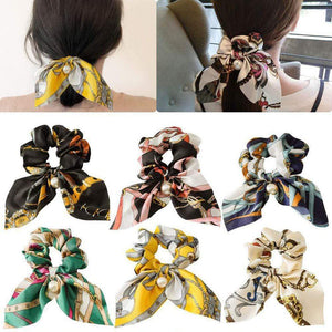 2019 New Chiffon Bowknot Silk Hair Scrunchies Women Pearl Ponytail Holder Hair Tie Hair Rope Rubber Bands Hair Accessories
