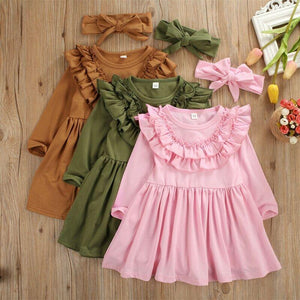 1-6T Toddler Kid Baby Girl Dress Solid Ruffle Collar Long Seeve Dress Outfit Sundress With headband