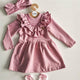1-6T Toddler Kid Baby Girl Dress Solid Ruffle Collar Long Seeve Dress Outfit Sundress With headband