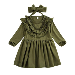 1-6T Toddler Kid Baby Girl Dress Solid Ruffle Collar Long Seeve Dress Outfit Sundress With headband