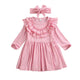 1-6T Toddler Kid Baby Girl Dress Solid Ruffle Collar Long Seeve Dress Outfit Sundress With headband