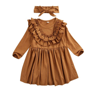 1-6T Toddler Kid Baby Girl Dress Solid Ruffle Collar Long Seeve Dress Outfit Sundress With headband