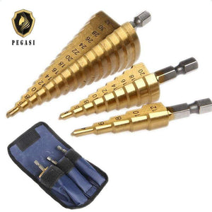 3pc Hss step drill bit set cone hole cutter Taper metric 4 - 12 / 20 / 32mm 1 / 4 "titanium coated metal hex core drill bits