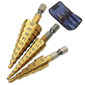 3pc Hss step drill bit set cone hole cutter Taper metric 4 - 12 / 20 / 32mm 1 / 4 "titanium coated metal hex core drill bits