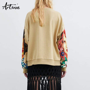 Artsnie streetwear character print women sweatshirt spring 2019 o neck long sleeve pullover knitted oversized hoodie sweatshirts