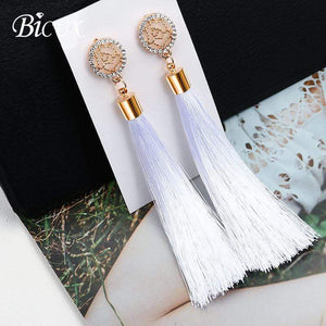 BICUX Fashion Bohemian Tassel Crystal Long Earrings White Red Silk Fabric Drop Dangle Tassel Earrings For Women 2019 Jewelry