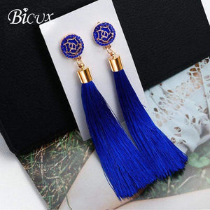 BICUX Fashion Bohemian Tassel Crystal Long Earrings White Red Silk Fabric Drop Dangle Tassel Earrings For Women 2019 Jewelry
