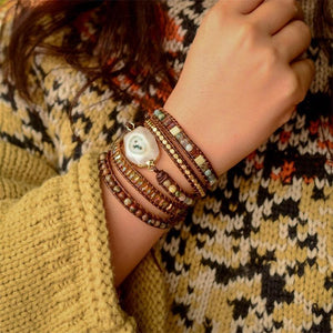 Boho Handmade Bracelet Natural Stone Bracelet Vintage Leather Bracelet 5 Wrap Bracelet For Women and Gifts (Gold-color)