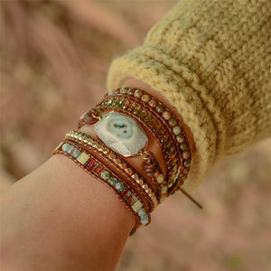 Boho Handmade Bracelet Natural Stone Bracelet Vintage Leather Bracelet 5 Wrap Bracelet For Women and Gifts (Gold-color)