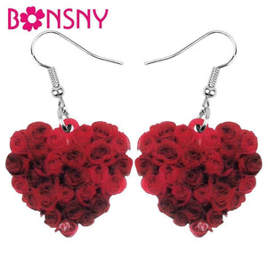 Bonsny Acrylic Valentine's Day Heart Shape Rose Earrings Drop Dangle Jewelry For Women Girl Teen Kid Lover Charm Decoration Gift (Multicolor)