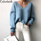 Colorfaith New 2019 Autumn Winter Women's Sweaters V-Neck Minimalist Tops Fashionable Irregular Hem Knitting Casual Solid SW8112