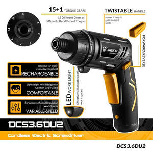 DEKO DCS3.6DU2 Cordless Electric Screwdriver Household Rechargeable battery Screwdriver with Twistable Handle with LED Torch
