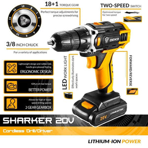 DEKO New Sharker 20V Cordless Drill Electric Screwdriver Mini Wireless Power Driver DC Lithium-Ion Battery 3/8-Inch 2 Speed