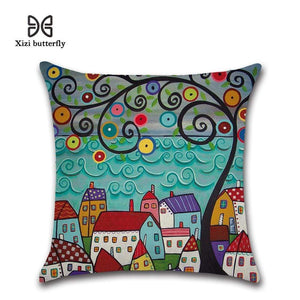 Hand-Painted Retro Rural Color Cities 45*45cm Cushion Cover Linen Throw Pillow Car Home Decoration Decorative Pillowcase