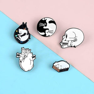 Lovely Cat Enamel Pins Black White Yin Yang Skull Heart Badges Brooches Animal Enamel Pins Gift for Cat Lover Kitty Mom Gifts