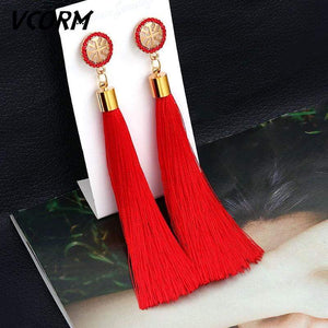 VCORM Bohemian Tassel Crystal Long Drop Earrings for Women Red Cotton Silk Fabric Fringe Earrings 2019 Fashion Woman Jewelry