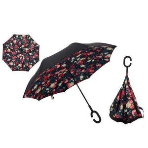 Oiko Store  Red Floral Reverse Folding Umbrella