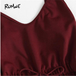 ROMWE Contrast Striped Tape Romper Summer Beach Wear Women Sleeveless Playsuits Burgundy Spaghetti Strap Drawstring Romper