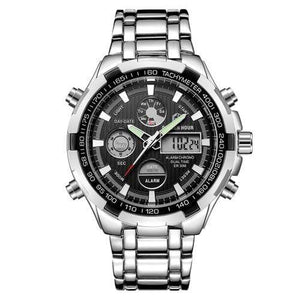 GOLDENHOUR Luxury Brand Waterproof Military Sport Watches Men Silver Steel Digital Quartz Analog Watch Clock Relogios Masculinos