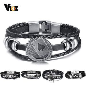Oiko Store  Vnox Lucky Vintage Men's Leather Bracelet Playing Cards Raja Vegas Charm Multilayer Braided Women Pulseira Masculina 7.87"