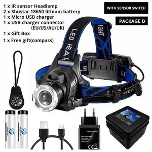 LED Headlamp Fishing Headlight T6/L2/V6 3 Modes Zoomable Waterproof Super bright camping light Powered by 2x18650 batteries